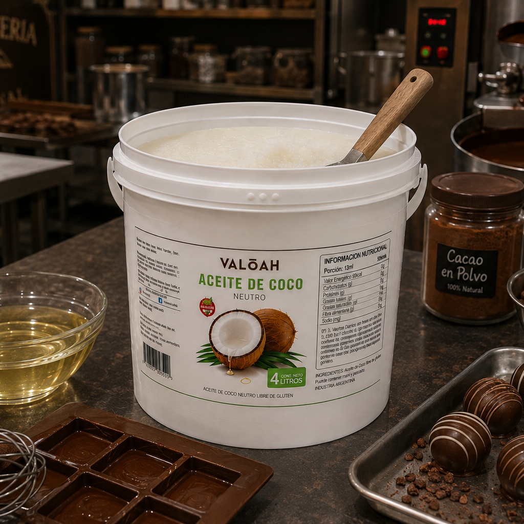 Aceite de Coco Valoah en un entorno de chocolatería